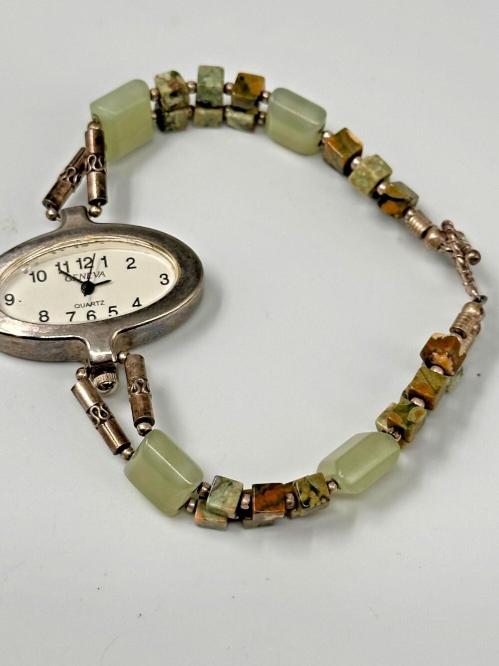 Geneva Watch Women Silver Tone Unakite Beaded Band Sterling Clasp New Battery